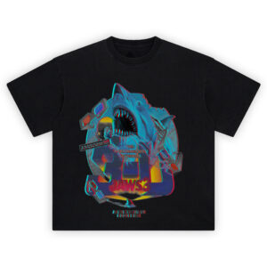 Jaws 3D Retro Shark Attack Graphic Tee with giant shark, 3D glasses, and vintage movie art style
