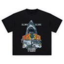Jaws 3-D Vintage Movie Poster Graphic Tee with great white shark, water-skiers, and bold retro film typography