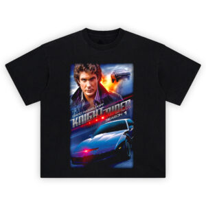 Knight Rider Season 1 Retro Action Graphic Tee featuring David Hasselhoff and K.I.T.T. with explosive 80s design