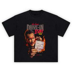 The Last Drive-In with Joe Bob Briggs Live Graphic Tee featuring flaming jamboree invitation and retro horror art