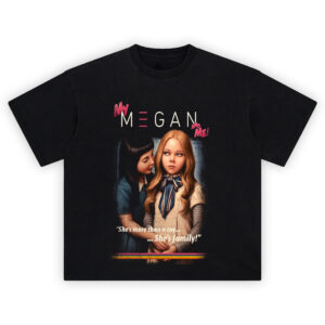 My M3GAN and Me Vintage Horror Graphic T-Shirt featuring retro-style killer doll with tagline "She’s more than a toy... she’s family!"