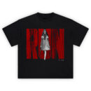 RUN M3GAN Horror Movie Graphic T-Shirt featuring killer AI doll walking with weapon in front of blood-red text