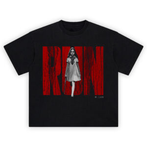 RUN M3GAN Horror Movie Graphic T-Shirt featuring killer AI doll walking with weapon in front of blood-red text