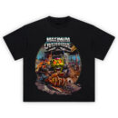 Maximum Overdrive Killer Truck Graphic T-Shirt with fiery carnage, Green Goblin-faced semi, and Dixie Boy Truck Stop scene