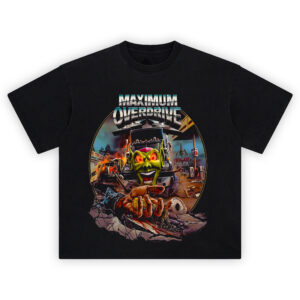 Maximum Overdrive Killer Truck Graphic T-Shirt with fiery carnage, Green Goblin-faced semi, and Dixie Boy Truck Stop scene