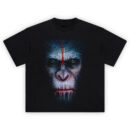 Caesar War Paint Ape Face Graphic T-Shirt featuring an intense close-up of a war-painted ape with green eyes and red tribal markings