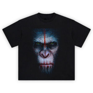 Caesar War Paint Ape Face Graphic T-Shirt featuring an intense close-up of a war-painted ape with green eyes and red tribal markings