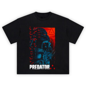 Predator Red Jungle Hunter Graphic T-Shirt featuring side profile of Predator with red sunset background and Yautja targeting symbols
