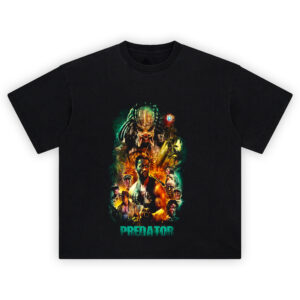 Predator Jungle Warfare Graphic T-Shirt featuring Arnold Schwarzenegger and team with the Predator looming in jungle background