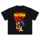 Pulp Fiction Movie Poster Graphic T-Shirt featuring Mia Wallace with cigarette, gun, and novel