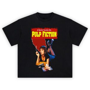 Pulp Fiction Movie Poster Graphic T-Shirt featuring Mia Wallace with cigarette, gun, and novel