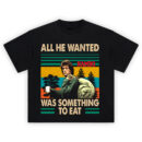 Rambo Something to Eat Graphic T-Shirt featuring John Rambo holding coffee with vintage sunset background and forest