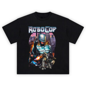 RoboCop Action Movie Graphic T-Shirt with RoboCop, Officer Lewis, ED-209, and exploding city background
