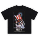Rocky IV Boxing Champion Graphic T-Shirt featuring Rocky Balboa draped in an American flag after defeating Ivan Drago