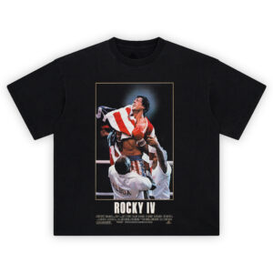 Rocky IV Boxing Champion Graphic T-Shirt featuring Rocky Balboa draped in an American flag after defeating Ivan Drago