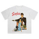 Scarface Retro Crime Drama Graphic T-Shirt featuring Tony Montana with gun, women, mansion, and vintage style
