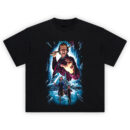 The Shining Horror Movie Graphic T-Shirt featuring Jack Torrance with axe and Wendy and Danny escaping the snowy Overlook Hotel