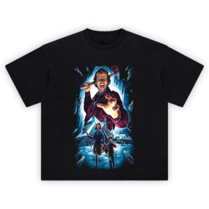 The Shining Horror Movie Graphic T-Shirt featuring Jack Torrance with axe and Wendy and Danny escaping the snowy Overlook Hotel