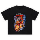 Silent Night Deadly Night Horror Christmas T-Shirt featuring killer Santa with axe, terrified victims, and blazing snowy background