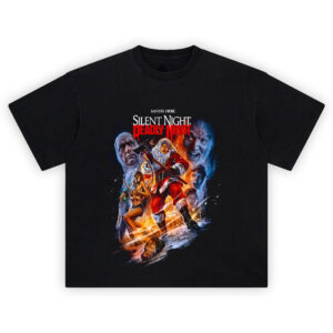 Silent Night Deadly Night Horror Christmas T-Shirt featuring killer Santa with axe, terrified victims, and blazing snowy background