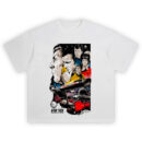 Star Trek Boldly Go Comic Art T-Shirt featuring illustrated Kirk, Spock, Uhura, McCoy, Sulu, and the USS Enterprise in outer space.