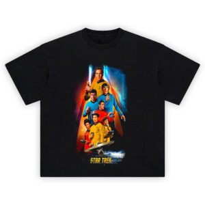 Star Trek The Original Series Crew T-Shirt featuring Captain Kirk, Spock, Uhura, Sulu, Scotty, McCoy, and Chekov with Starship Enterprise