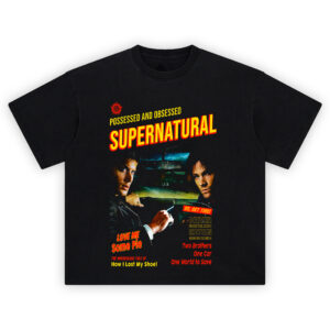 Supernatural Possessed and Obsessed T-Shirt featuring Dean and Sam Winchester inside the Impala with bold retro-styled text and show references.