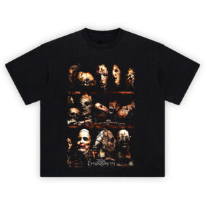 Texas Chainsaw 3D Leatherface Mask Collection T Shirt with horror masks on shelves