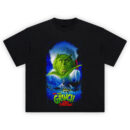 How The Grinch Stole Christmas Jim Carrey T Shirt featuring Jim Carrey as the Grinch with Whoville and Mount Crumpit in the background