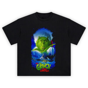 How The Grinch Stole Christmas Jim Carrey T Shirt featuring Jim Carrey as the Grinch with Whoville and Mount Crumpit in the background