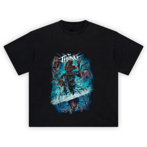 The Thing 1982 Horror Sci-Fi Monster T Shirt with graphic of alien transformations and Kurt Russell’s MacReady with flamethrower