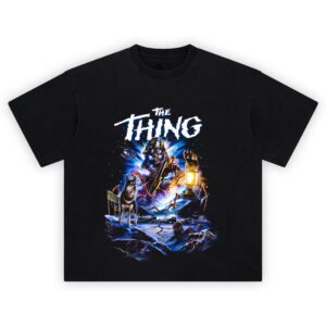 The Thing 1982 Arctic Horror Survival T Shirt featuring MacReady, infected dog, alien tentacles, and Outpost 31 under aurora-lit skies