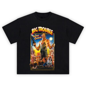 Big Trouble in Little China Jack Burton Tank T Shirt featuring Kurt Russell, lightning warriors, action chaos, and retro poster art
