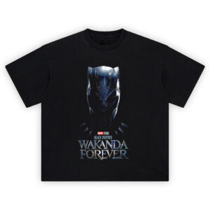 Black Panther Wakanda Forever Movie Poster T Shirt with Black Panther mask and tribal pattern