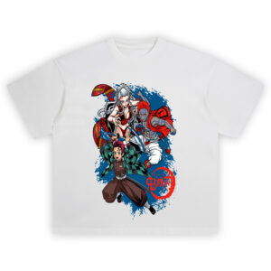 Tanjiro fighting Akaza and Daki in Demon Slayer anime graphic on t-shirt