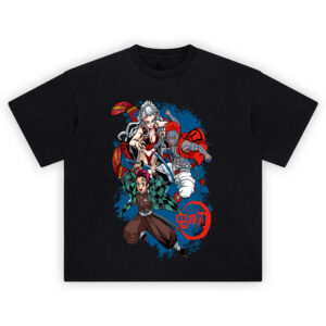 Tanjiro fighting Akaza and Daki in Demon Slayer anime graphic on t-shirt