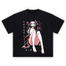 Nezuko Sakura Graphic Tee front graphic showing Nezuko seated with a green bamboo mouthpiece, pink cherry blossoms, and vertical Japanese text on a black tee.