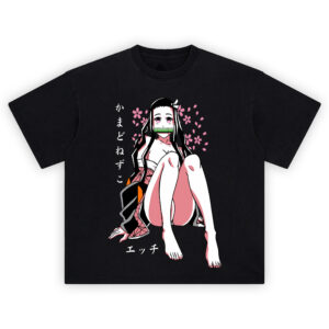 Nezuko Sakura Graphic Tee front graphic showing Nezuko seated with a green bamboo mouthpiece, pink cherry blossoms, and vertical Japanese text on a black tee.
