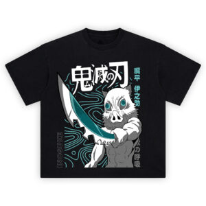 Demon Slayer Inosuke T-Shirt featuring Inosuke in his boar mask wielding dual swords
