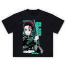 Tanjiro Kamado Blade of Resolve T-Shirt with sword and teal graphic background