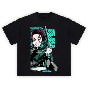 Tanjiro Kamado Blade of Resolve T-Shirt with sword and teal graphic background