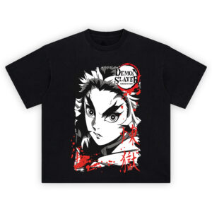 Kyojuro Rengoku Flame Hashira T-Shirt featuring monochrome portrait with red flame accents