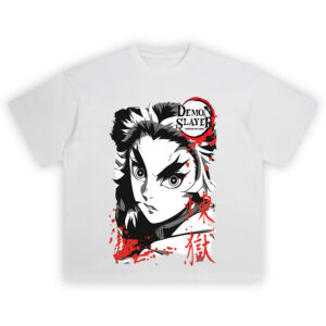 Kyojuro Rengoku Flame Hashira T-Shirt featuring monochrome portrait with red flame accents