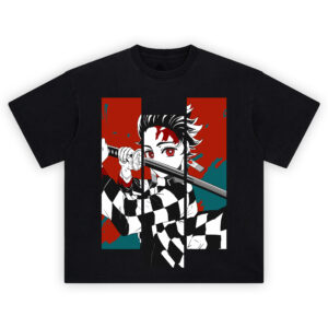 Tanjiro Kamado Split Panel T-Shirt featuring bold checkered haori and sword design