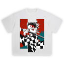 Tanjiro Kamado Split Panel T-Shirt featuring bold checkered haori and sword design
