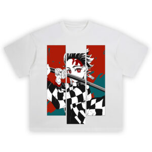 Tanjiro Kamado Split Panel T-Shirt featuring bold checkered haori and sword design