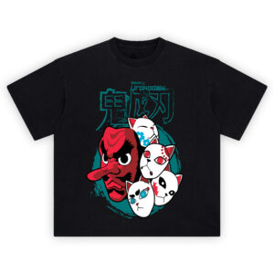 Urokodaki Sakonji Mask Collection T-Shirt featuring tengu and fox masks from Demon Slayer