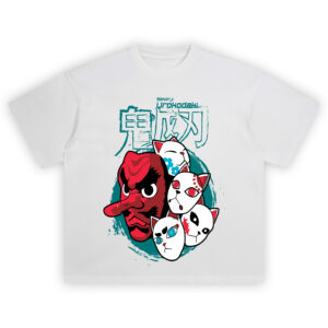 Urokodaki Sakonji Mask Collection T-Shirt featuring tengu and fox masks from Demon Slayer