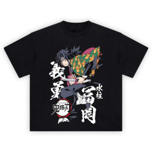 Giyu Tomioka Water Hashira T-Shirt featuring Giyu in sword pose with geometric haori