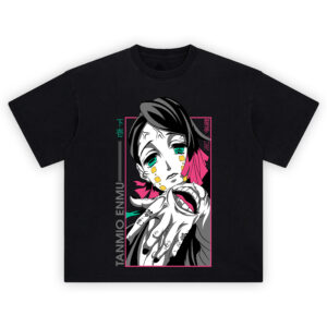 Tanmio Enmu Demon Slayer T-Shirt featuring Enmu with teal eyes and mouth on hand